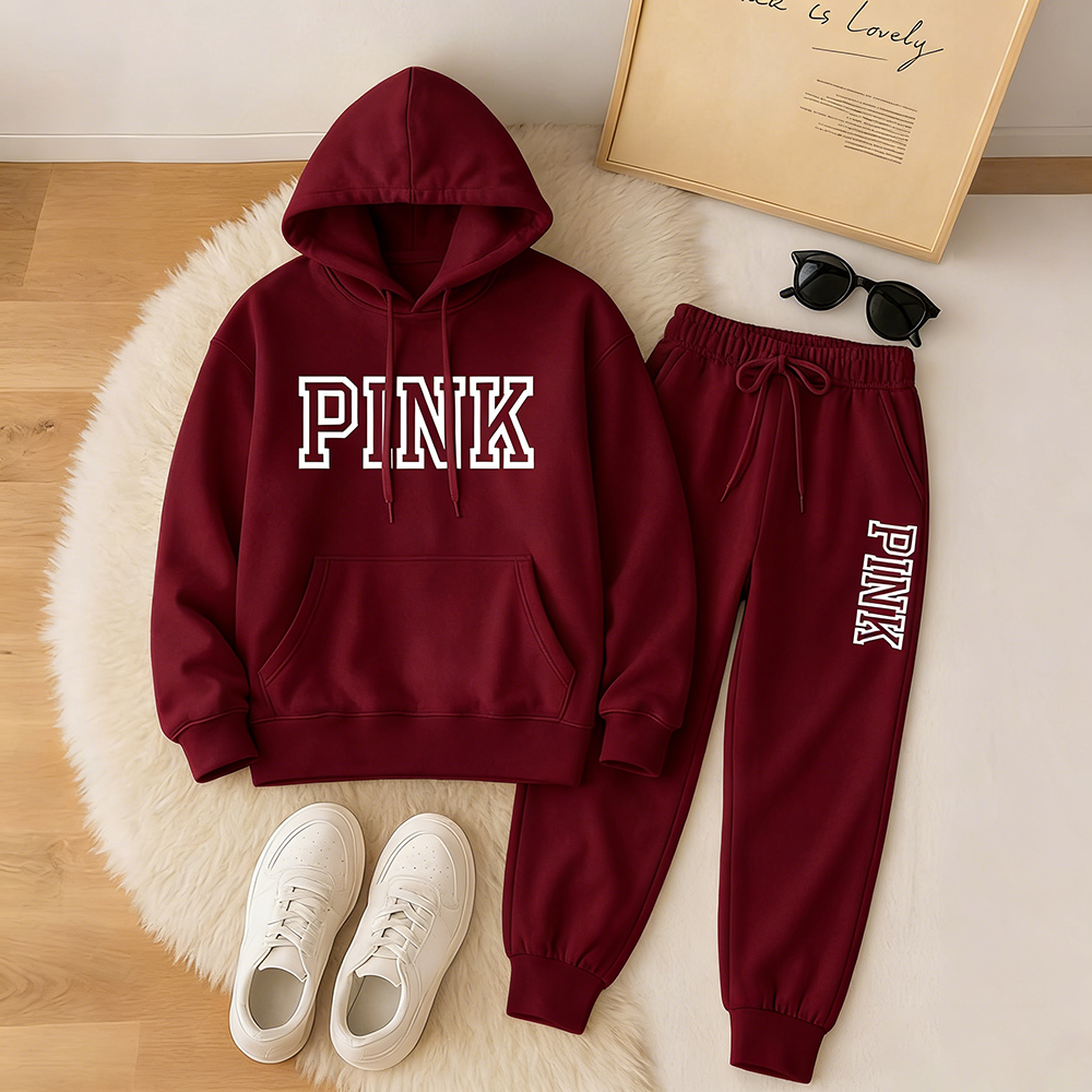 Women's Pink Print Hoodie And Drawstring Track Pants Set