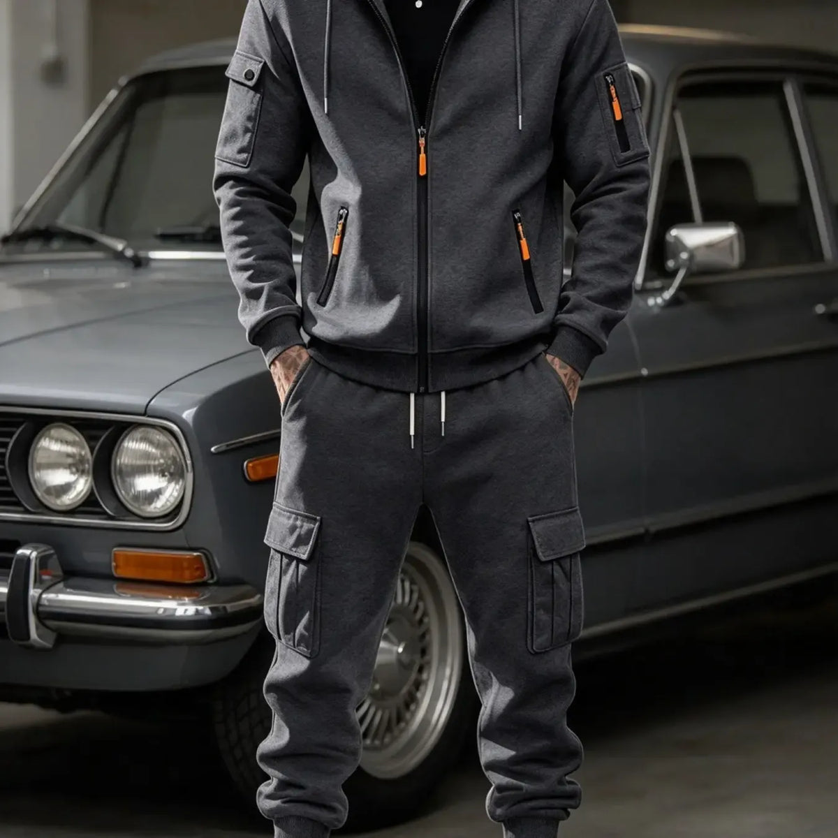 Men’s Cargo Tracksuit Set Full‐Zip Hooded Jacket + Pants (Polyester)