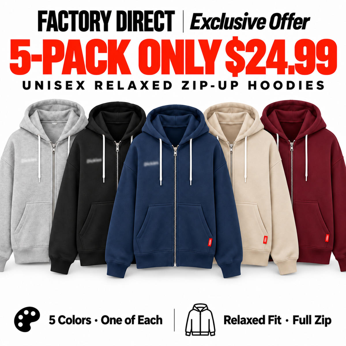 Unisex Relaxed Zip-Up Hoodies | 5 Colors, 5 Pieces for $24.99