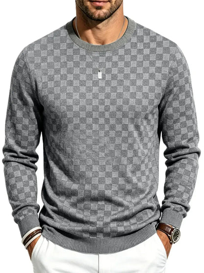 Men's Classic Plaid Knit Pullover with Textured Grid Pattern & Long Sleeves