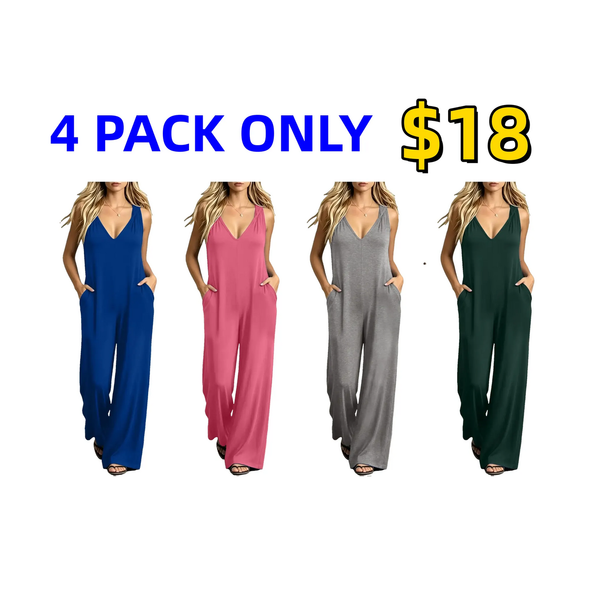 Plus-size women's V-neck jumpsuit featuring pockets and a casual strap design.