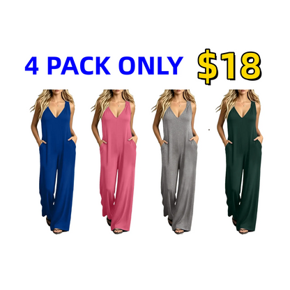 Plus-size women's V-neck jumpsuit featuring pockets and a casual strap design.
