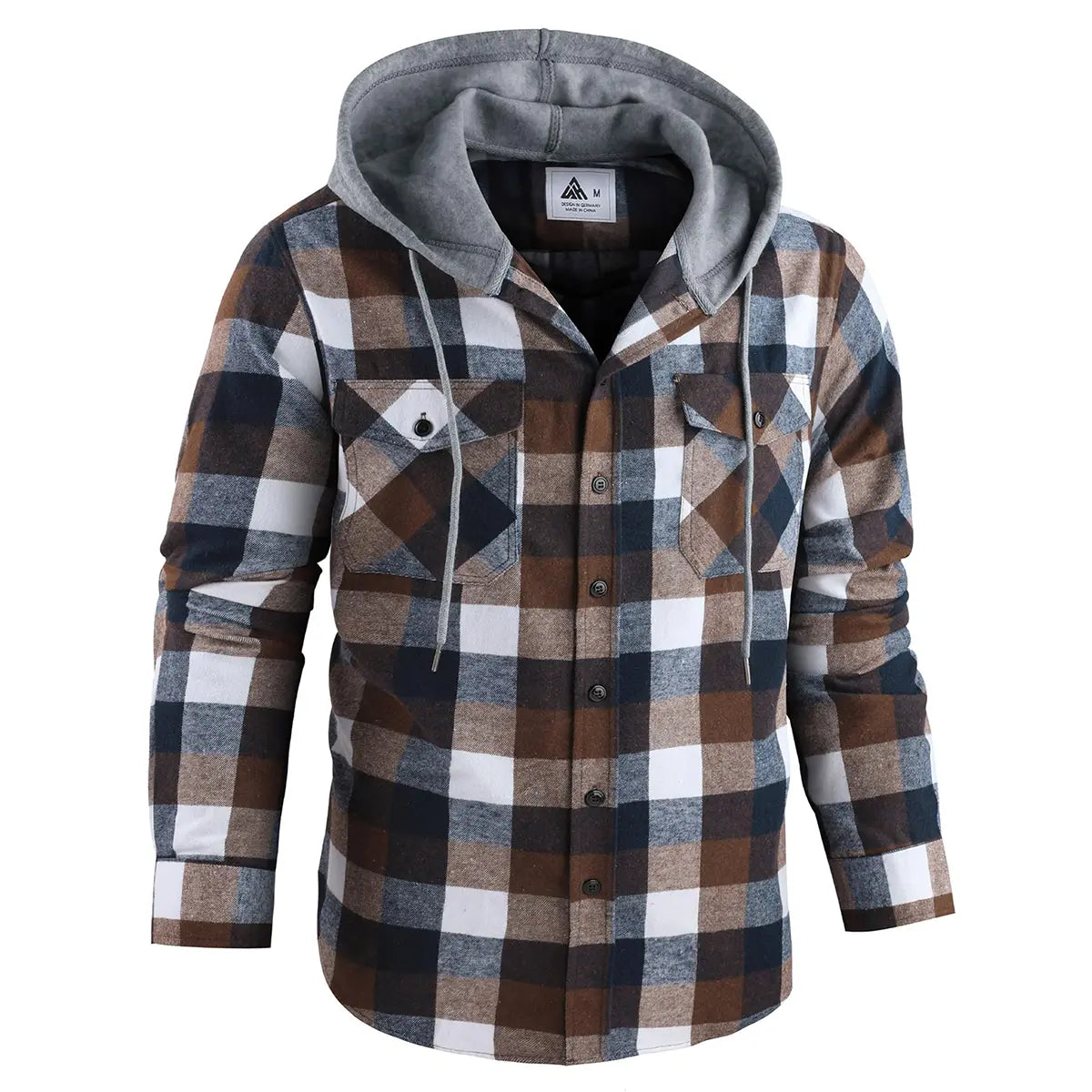 Men's Flannel Plaid Hooded Drawstring Jacket with Pockets
