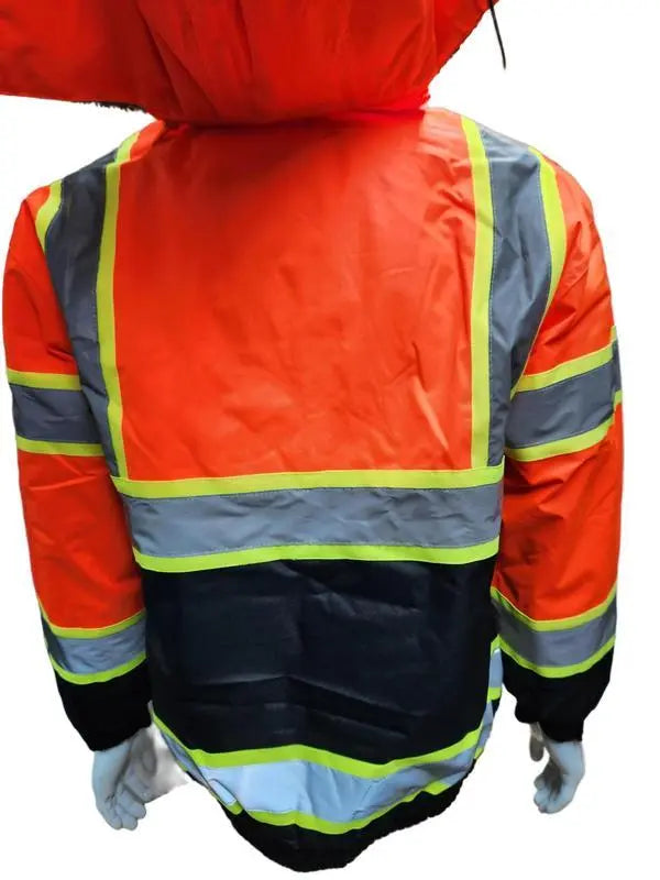 High Visibility Water Resistant Bomber Safety Jacket with Hoodie / Reflective Safety Sherpa Insulated Jacket