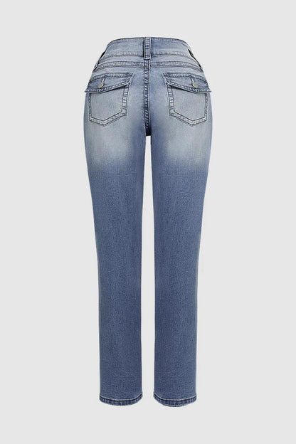 Double Button Mid Waist Straight Leg Jeans