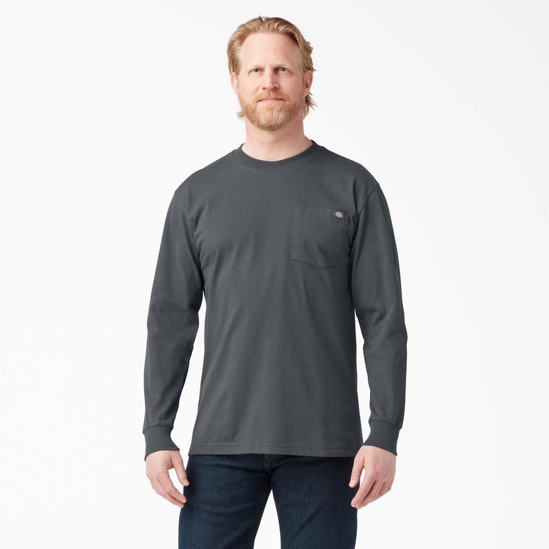 Heavyweight Long Sleeve Pocket T-Shirt,100% Cotton,Long Tail,Tagless Label,Classic Crew Neck,Chest Pocket,Workwear Style