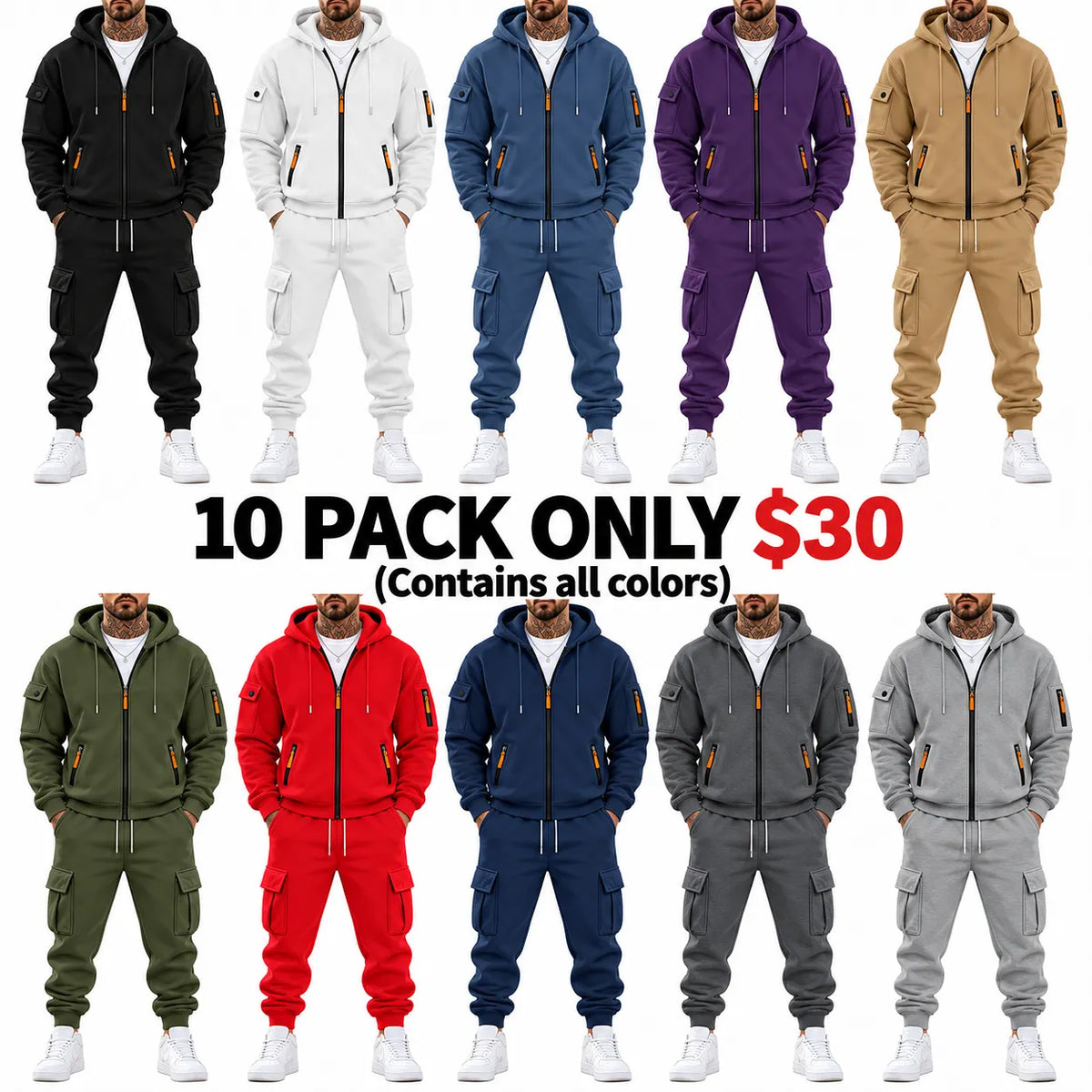 Men’s Cargo Tracksuit Set Full‐Zip Hooded Jacket + Pants (Polyester)