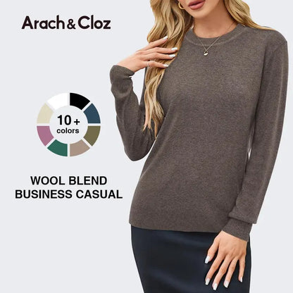 Women Spring Fashion Wool Blend Sweater 2025 Long Sleeve Crew Neck Business Casual Pullover Tops Trendy Outfits