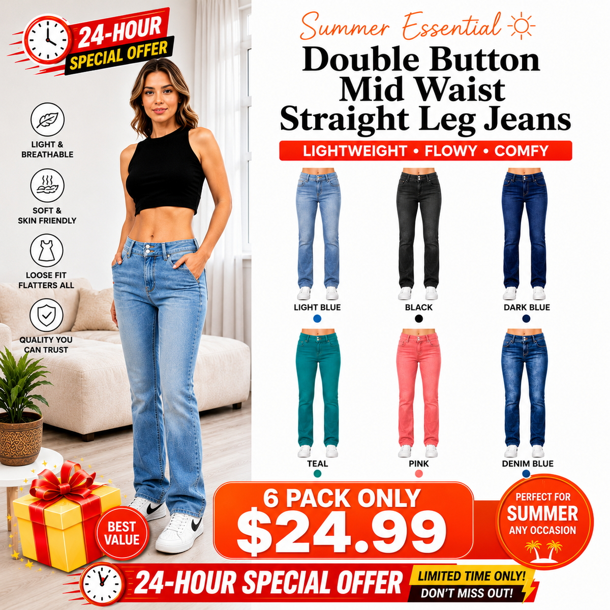 Double Button Mid Waist Straight Leg Jeans
