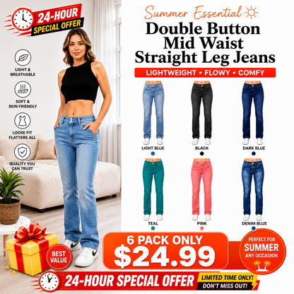 Double Button Mid Waist Straight Leg Jeans
