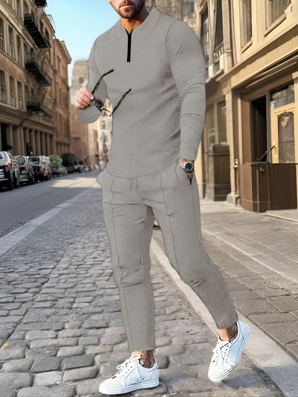 Men's Solid Textured Long Sleeve Polo Shirt & Drawstring Waist Pants Set