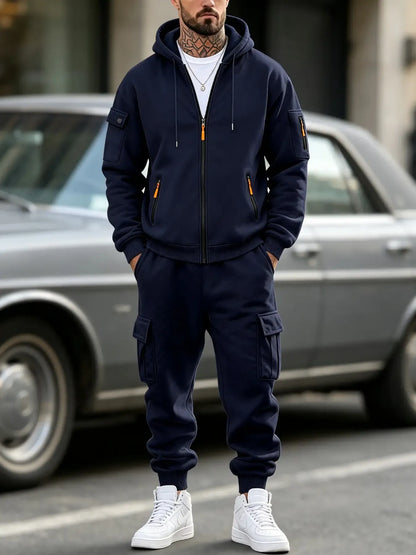 Men’s Cargo Tracksuit Set Full‐Zip Hooded Jacket + Pants (Polyester)