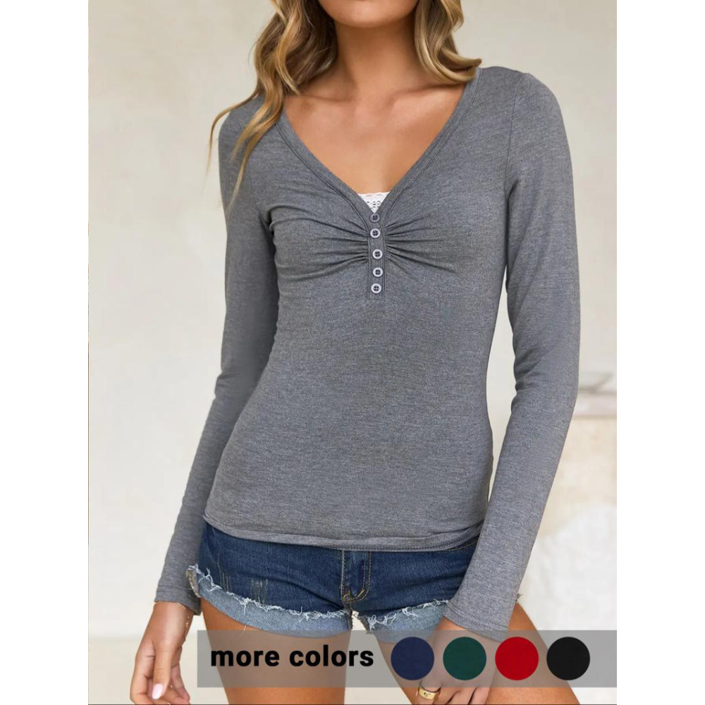 Women's Contrast Lace Button V Neck Tee