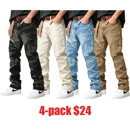 Men's Worn Frayed Tight Waisted Washed Black Denim Jeans – Unique Graphic Design Retro Stretch Casual Streetwear Hip Hop Style