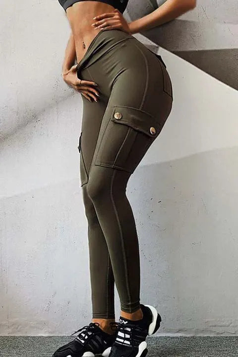 Solid Flap Pocket High Waist Sports Leggings