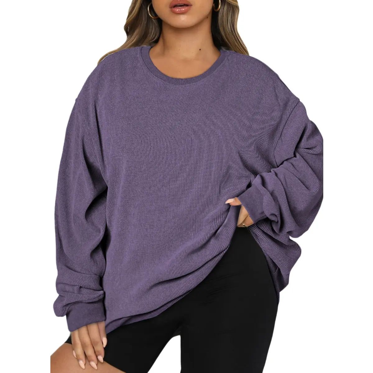 Women's Oversized Corduroy Sweatshirt, Casual Crewneck Long Sleeve Lightweight Pullover