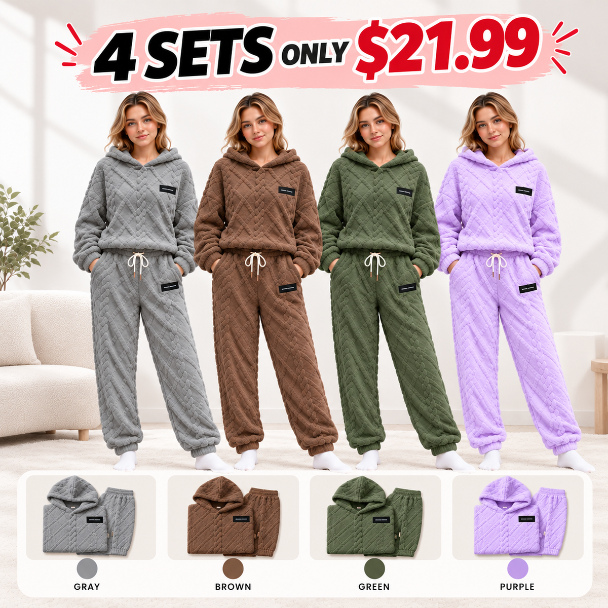 Textured Fleece-Look Hoodie And Pants Set