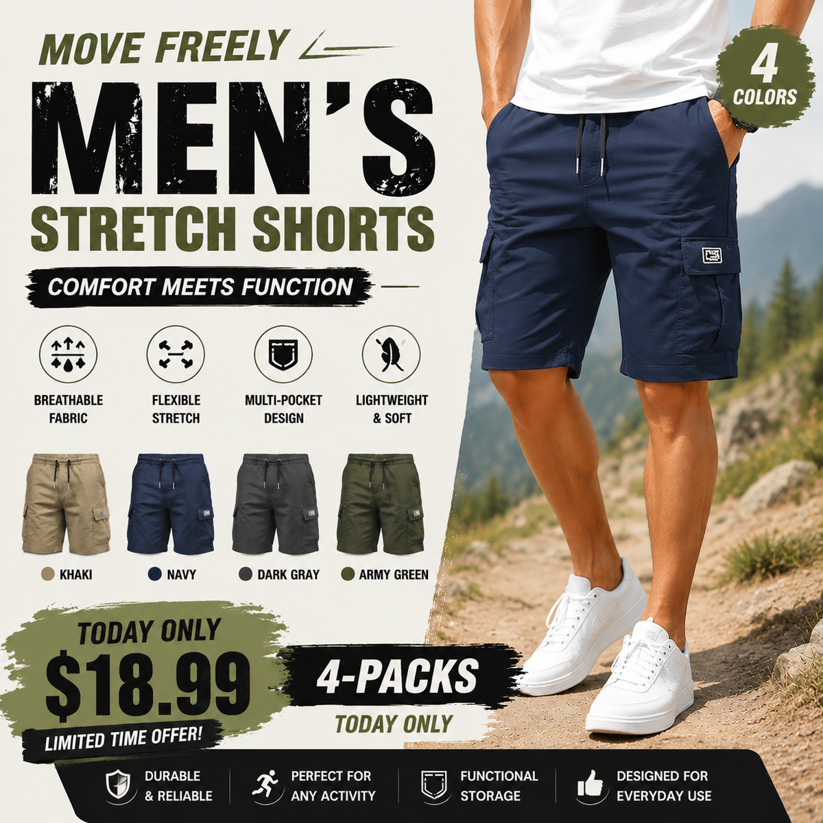 Men's Multi-Pocket Drawstring Cargo Shorts — Value Bundle