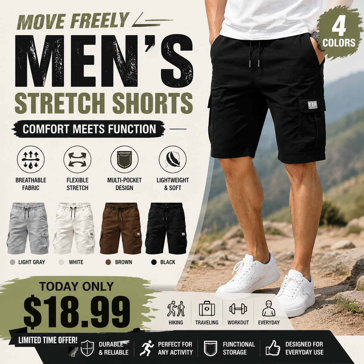 Men's Multi-Pocket Drawstring Cargo Shorts — Value Bundle