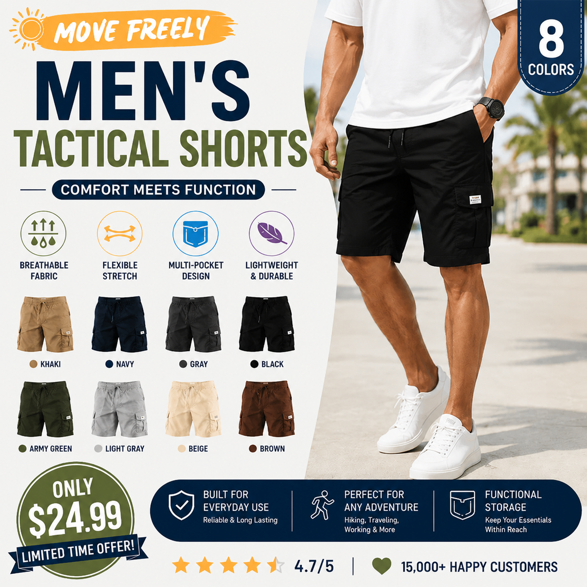 Men's Multi-Pocket Drawstring Cargo Shorts — Value Bundle