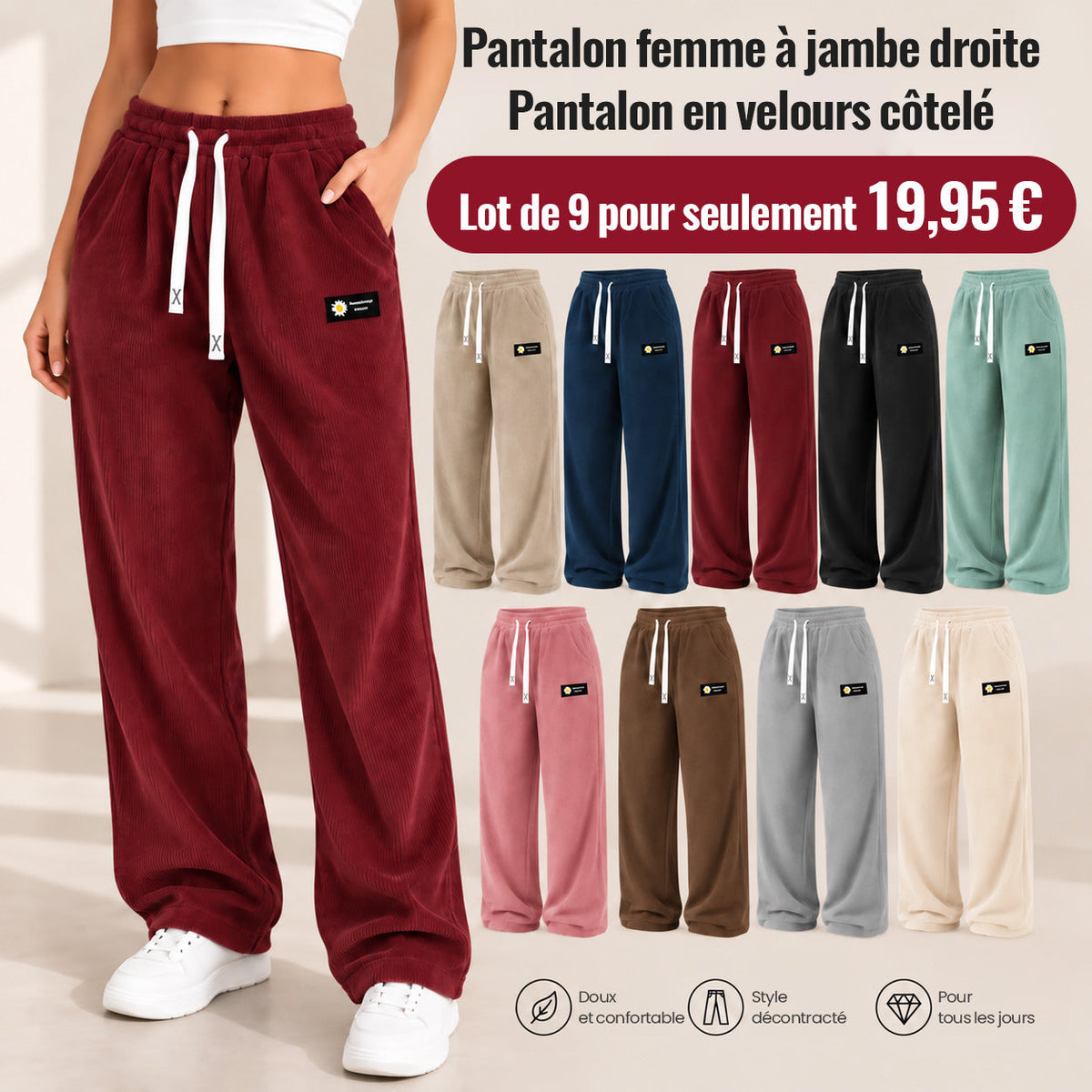 DERNIER JOUR DE VENTE Pantalon en velours côtelé pour femme à coupe droite – 100 % coton