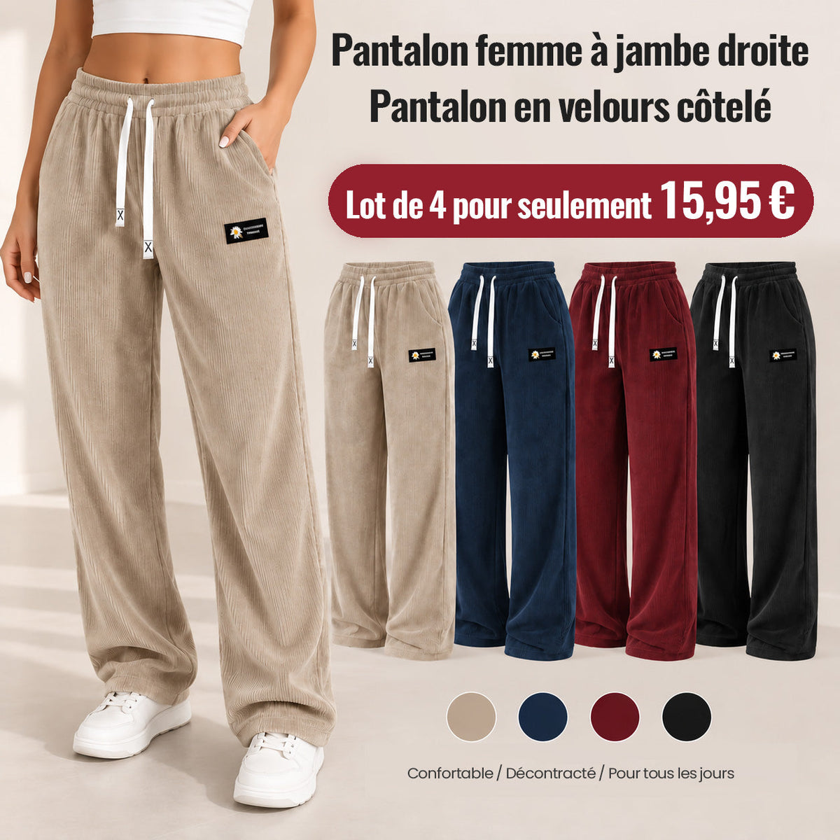 DERNIER JOUR DE VENTE Pantalon en velours côtelé pour femme à coupe droite – 100 % coton