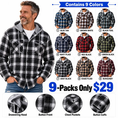 Men's Plaid Zip Up Hoodie Loose Fit American Style Brushed Hooded Sweatshirt