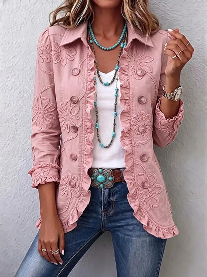 Boho-Chic Floral Embroidered Utility Ruffled Trim Jacket