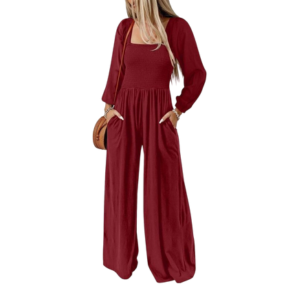 Women's Casual Loose Overalls Jumpsuits One Piece Long Sleeve Wide Leg Long Pant Rompers With Pockets