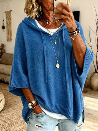 Women's Loose-Fit Knitted Hoodie With Drawstring