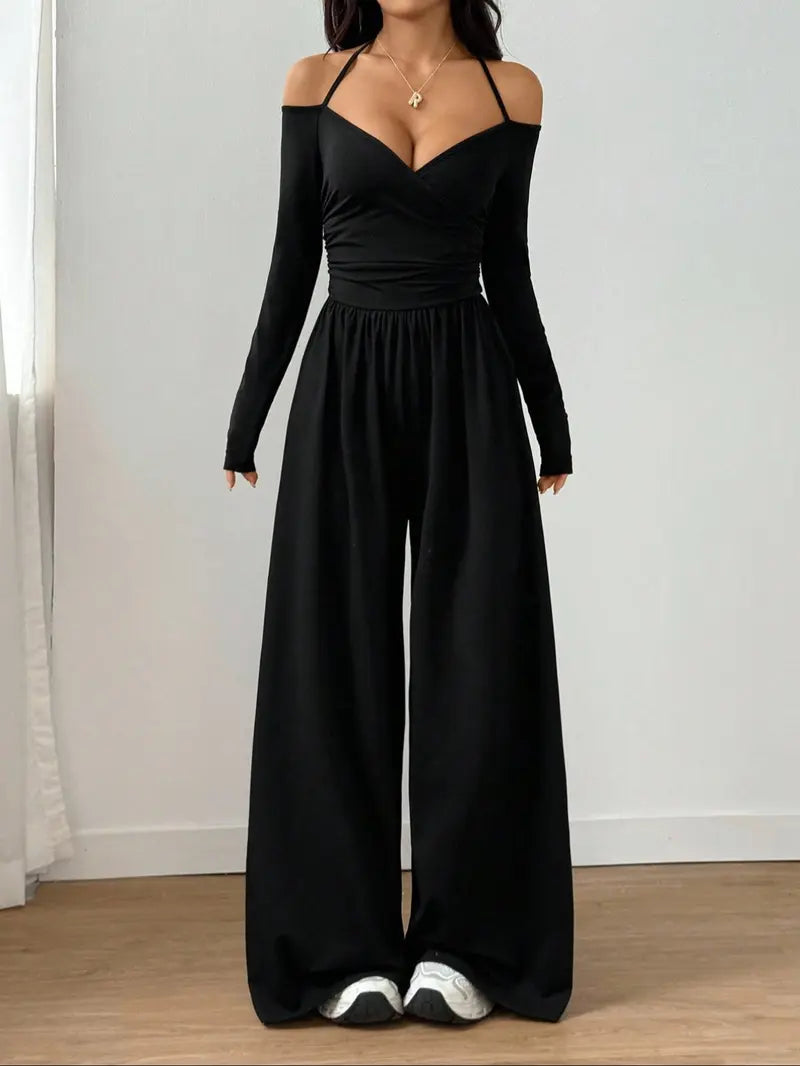 Women's Cotton-Blend Slim-Fit Pleated Off-Shoulder Wide-Leg Jumpsuit