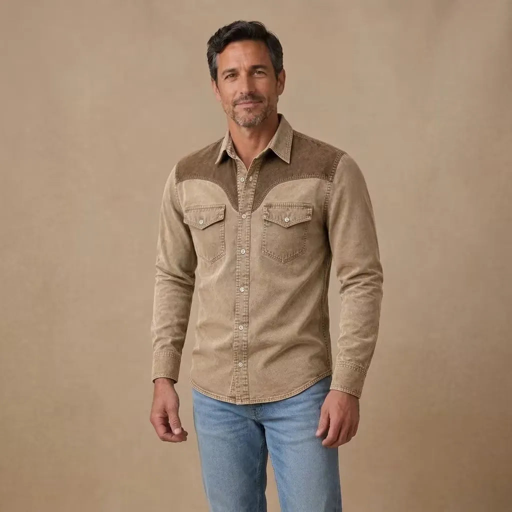 Vintage Washed Cotton Colorblock Denim Shirt