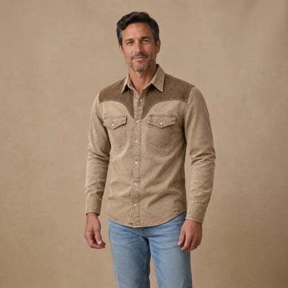 Vintage Washed Cotton Colorblock Denim Shirt