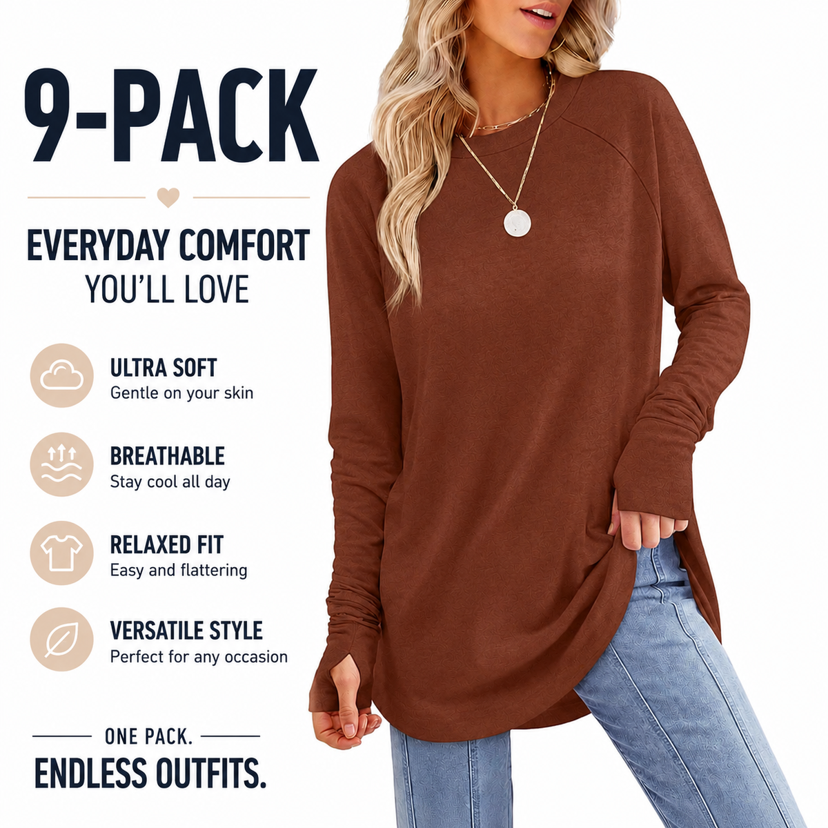 Women's Casual Long Sleeve Tops Crew Neck Round Hem Loose T-Shirts Tunic Tops with Thumb Holes