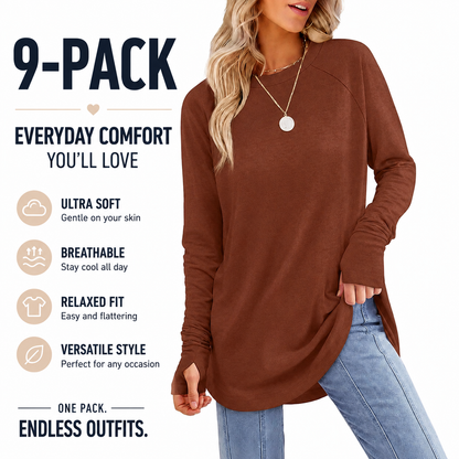 Women's Casual Long Sleeve Tops Crew Neck Round Hem Loose T-Shirts Tunic Tops with Thumb Holes