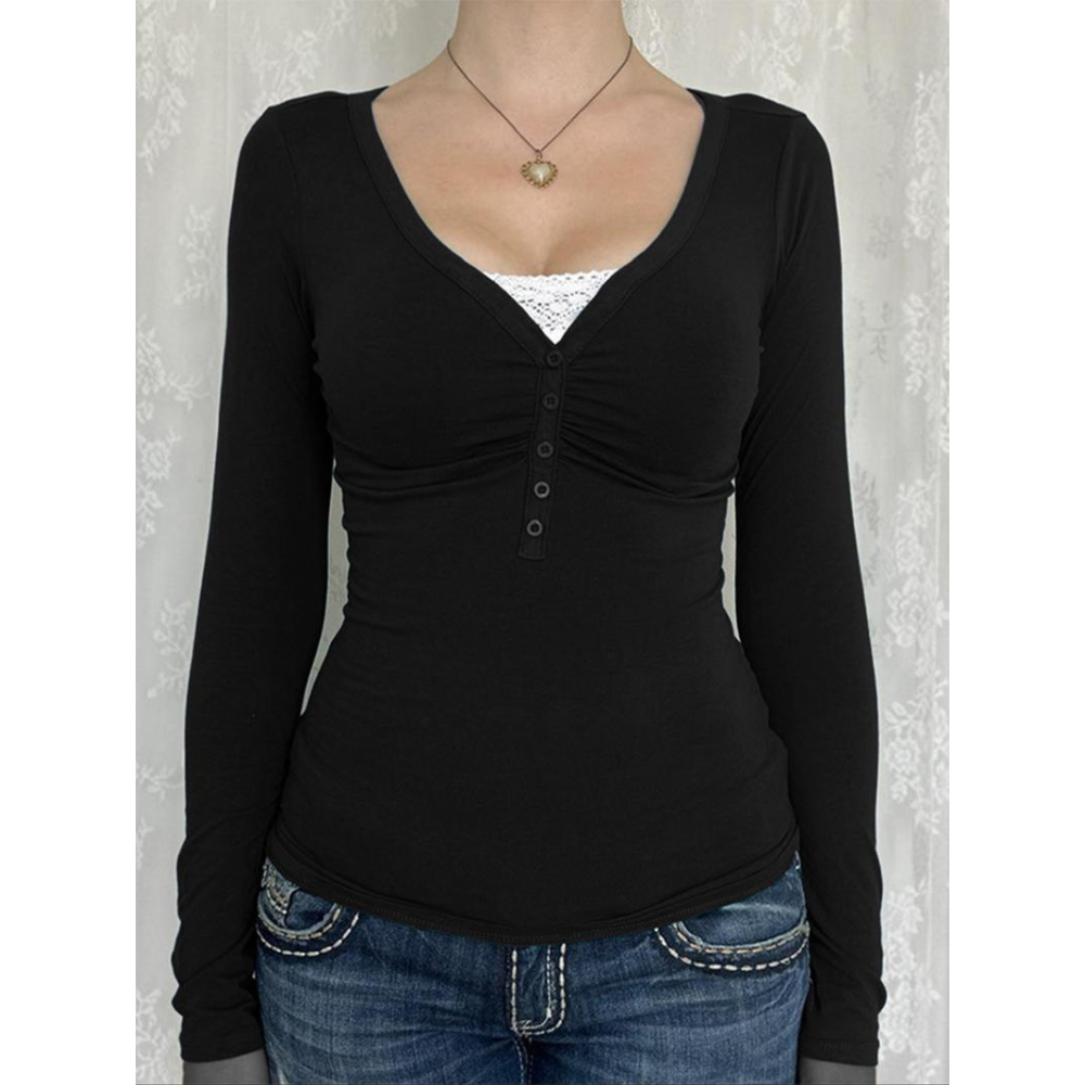Women's Contrast Lace Button V Neck Tee