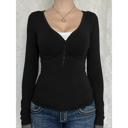 Women's Contrast Lace Button V Neck Tee