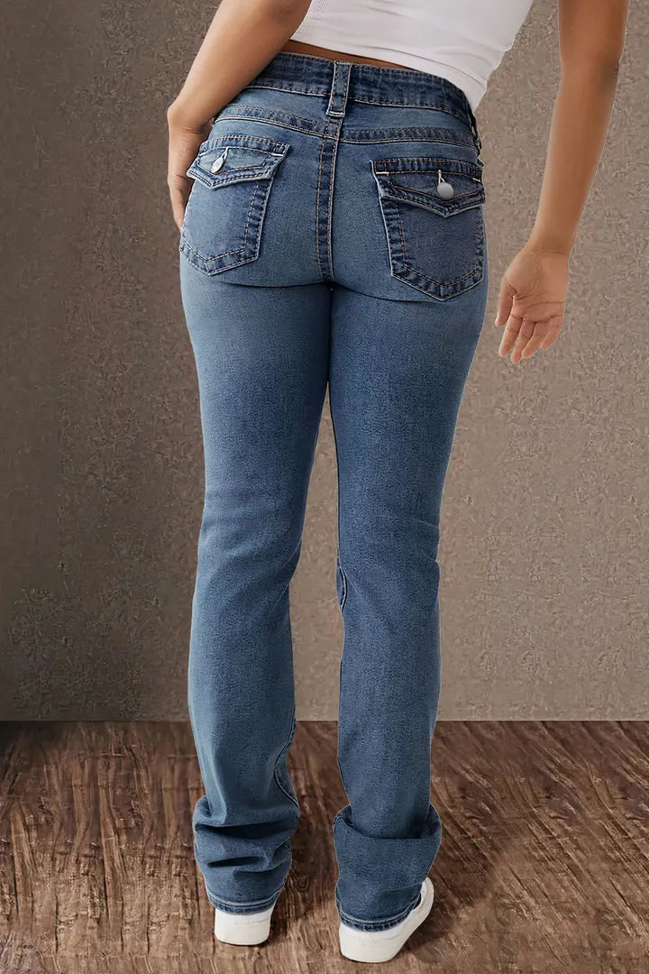 Double Button Mid Waist Straight Leg Jeans