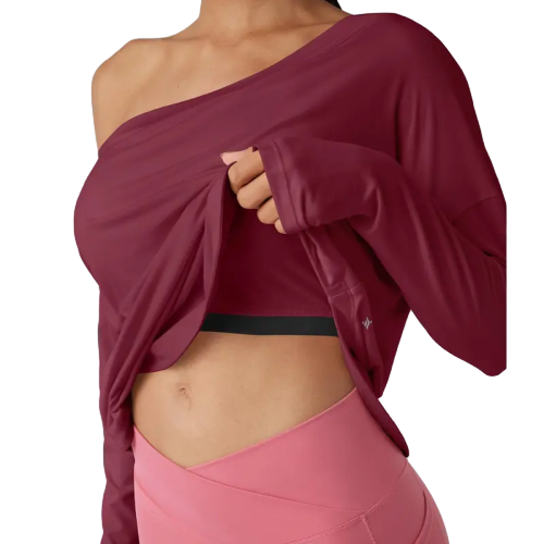 Women's Long-Sleeve Off-Shoulder Athletic Top with Curved Hem and Built-in Bra