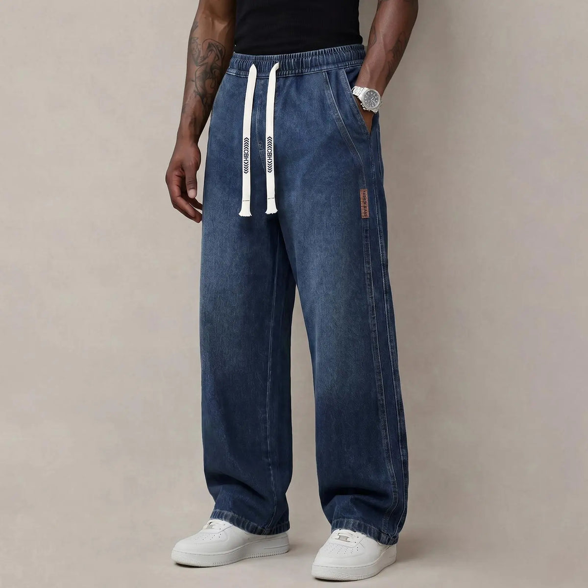 Men's Stretch 100% Cotton Loose Fit Jeans with Elastic Drawstring Waist