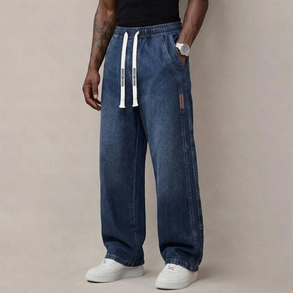 Men's Stretch 100% Cotton Loose Fit Jeans with Elastic Drawstring Waist