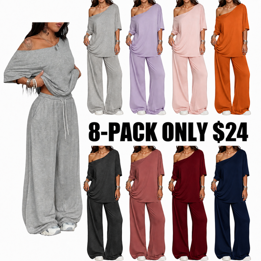 Women's 2-Piece Set-Shoulder T-Shirt And Wide Leg Pants Two Pieces Outfits