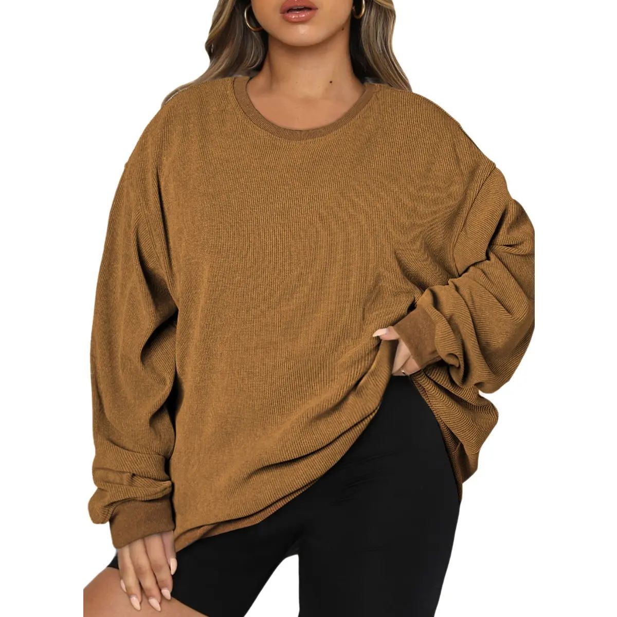 Women's Oversized Corduroy Sweatshirt, Casual Crewneck Long Sleeve Lightweight Pullover