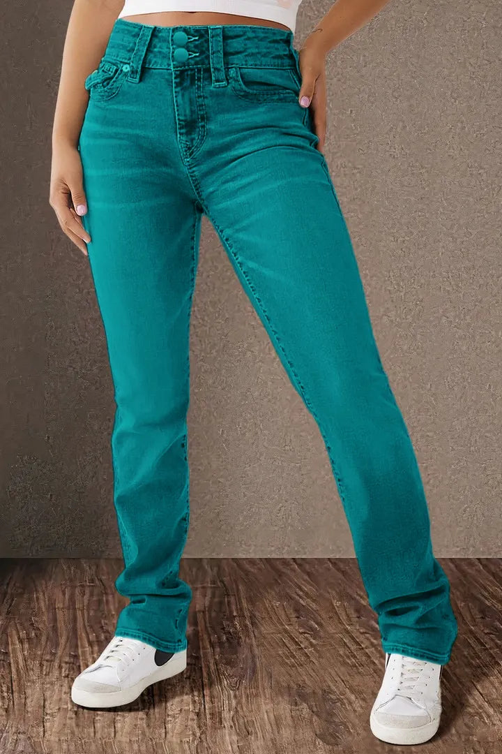 Double Button Mid Waist Straight Leg Jeans