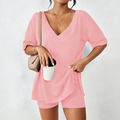 Women's V-Neck 2-Piece Loungewear Set Oversized Split Hem Top & High Waist Biker Shorts Casual Soft Pajamas