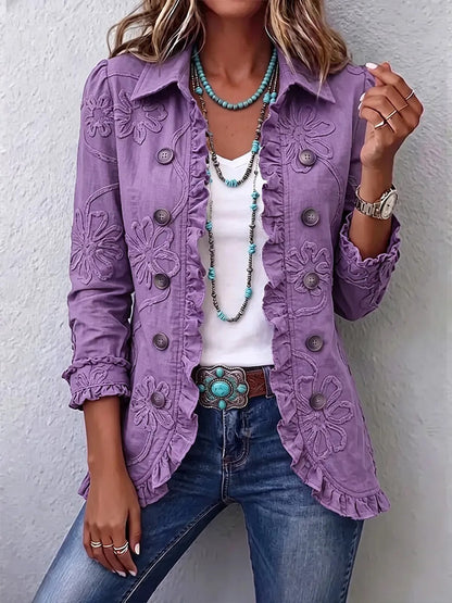 Boho-Chic Floral Embroidered Utility Ruffled Trim Jacket