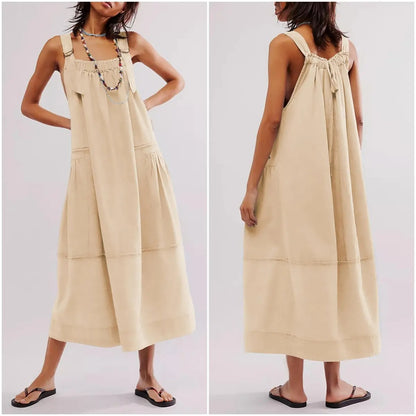 Women's Adjustable Straps Barrel Midi Dress Sleeveless Casual Midi Dress with Side Pockets for Summer Beach Vacation