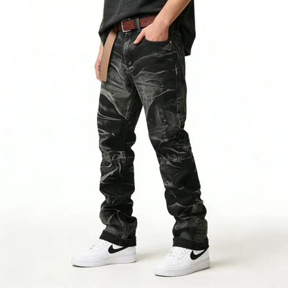 Men's Worn Frayed Tight Waisted Washed Black Denim Jeans – Unique Graphic Design Retro Stretch Casual Streetwear Hip Hop Style