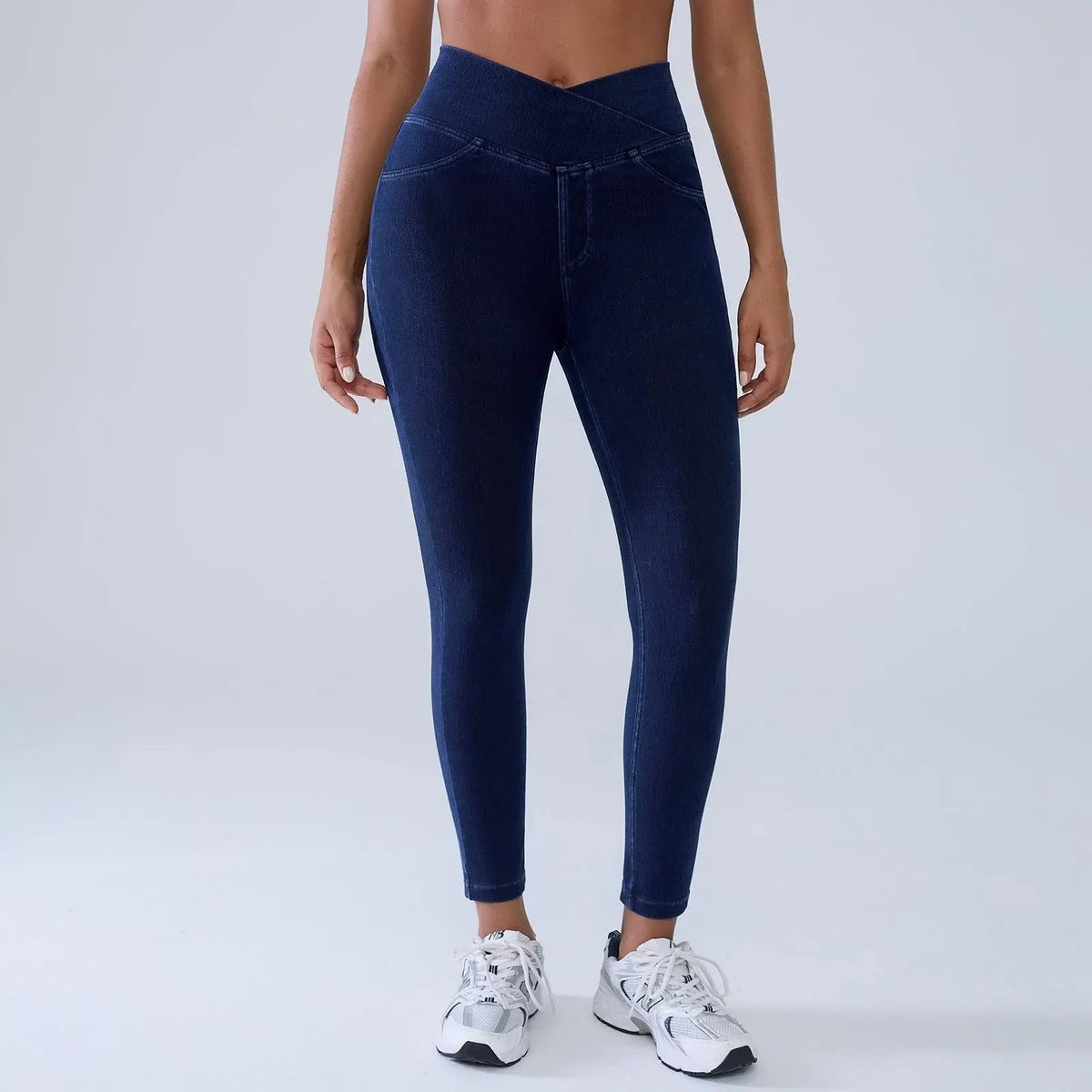 Women's High-Waisted Stretch Jeans with Crossover Design — Slim-Fit Flared Denim Leggings