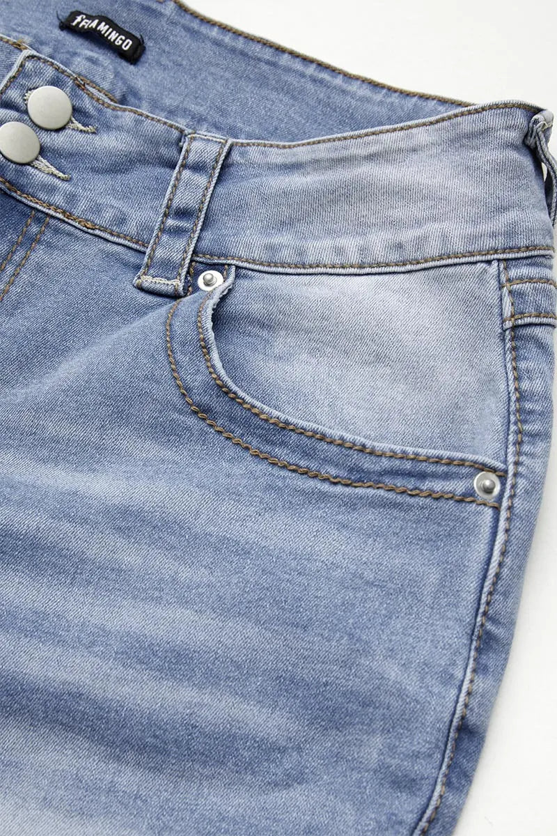 Double Button Mid Waist Straight Leg Jeans